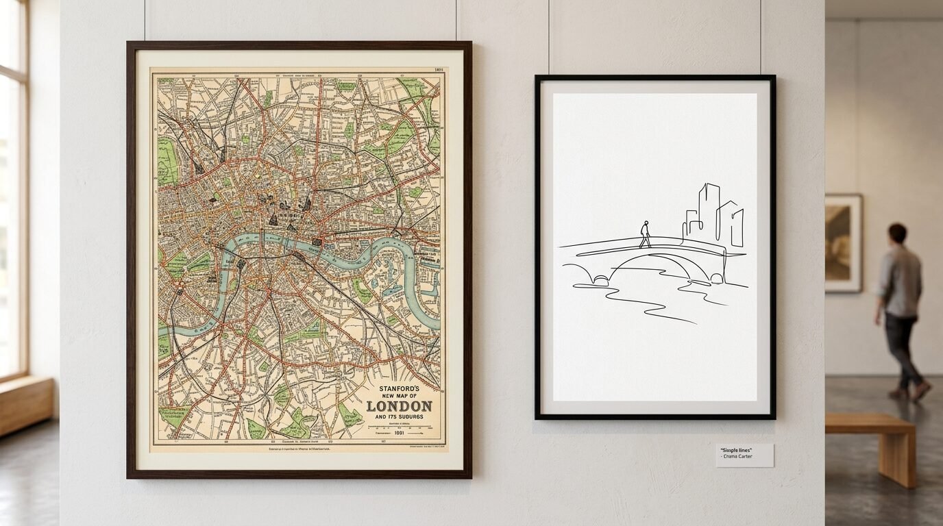 Vintage Stanford's map of London next to a minimalist single-line drawing of a person on a bridge in an art gallery.