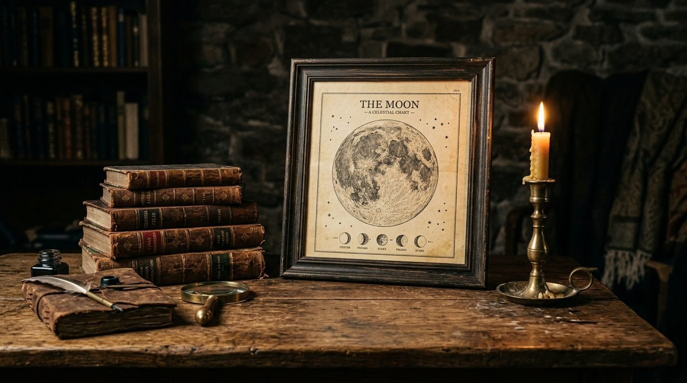 A vintage-style illustration of the moon and its phases displayed in a dark wooden frame next to a stack of old books.