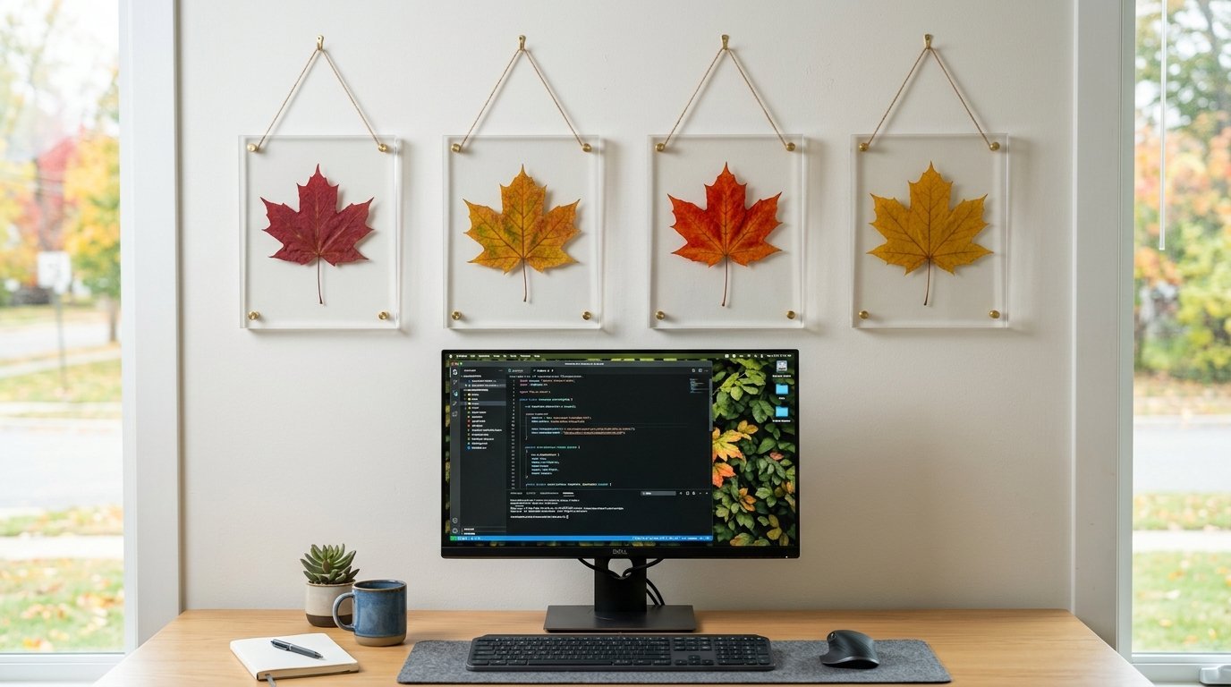 A desk with a computer monitor showing code, sitting below four clear frames containing vibrant autumn maple leaves.