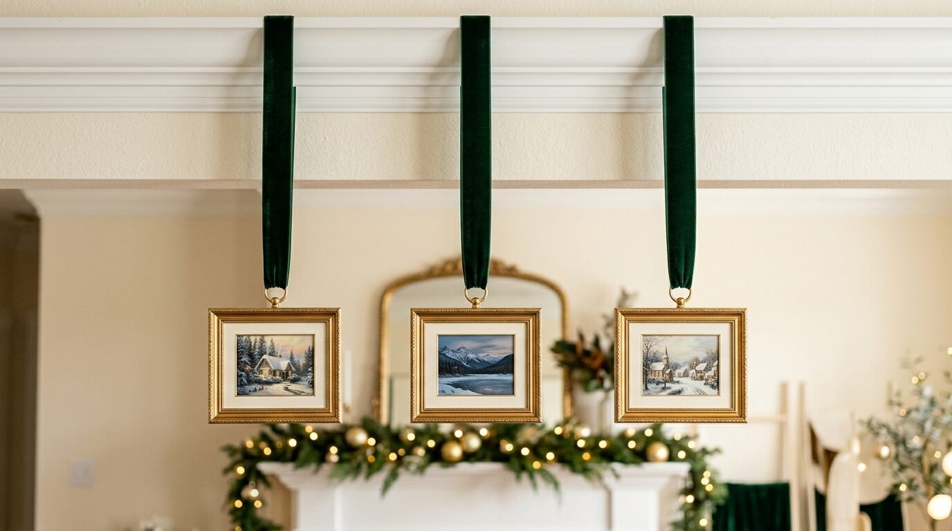 Three miniature landscape artworks in ornate gold frames dangling from dark green velvet ribbons over a fireplace.
