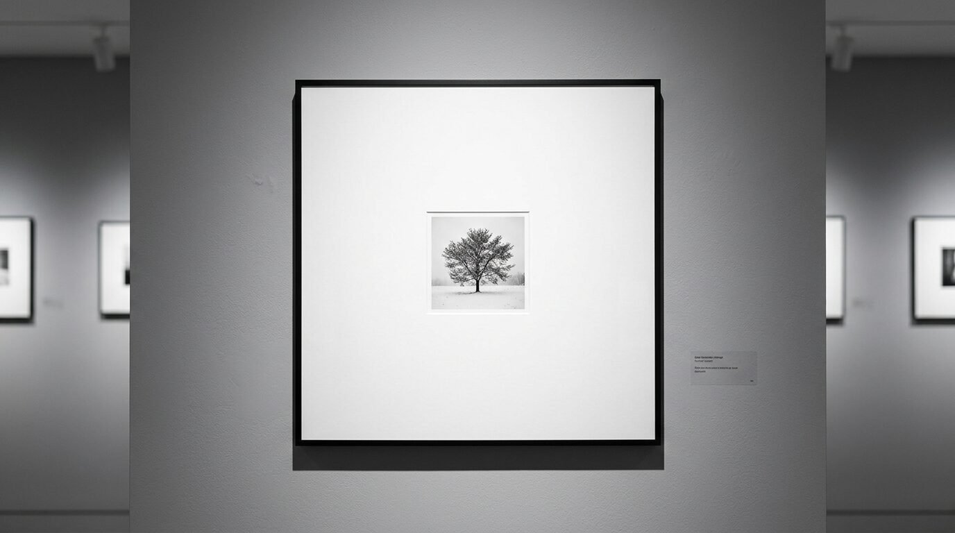 A square framed photo of a lone tree in a snowy field displayed on a grey gallery wall.