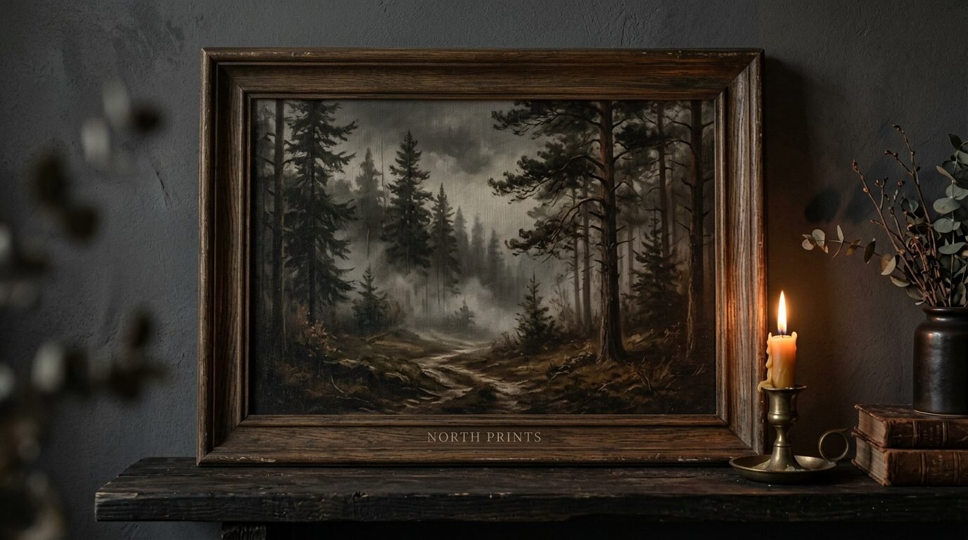 A rustic wood-framed painting of a foggy pine forest sitting on a dark shelf next to a lit candle.