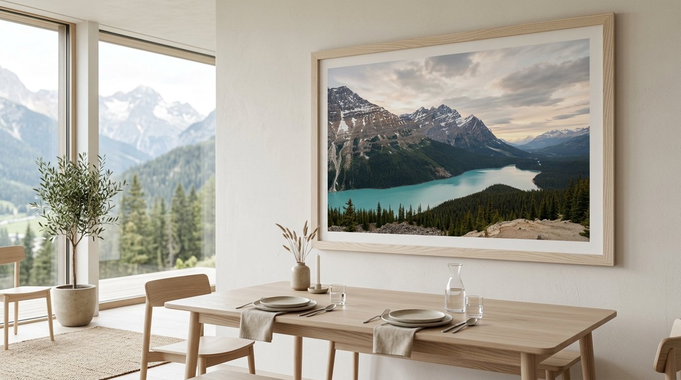 A framed photo of a turquoise glacial lake hangs above a wooden dining table in a sunlit room.