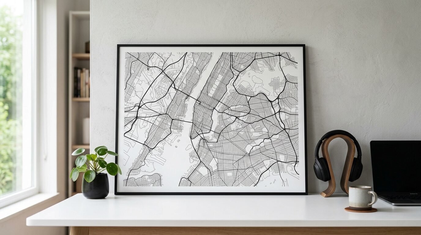 A framed line art street map of NYC displayed on a white desk with a plant and headphones.