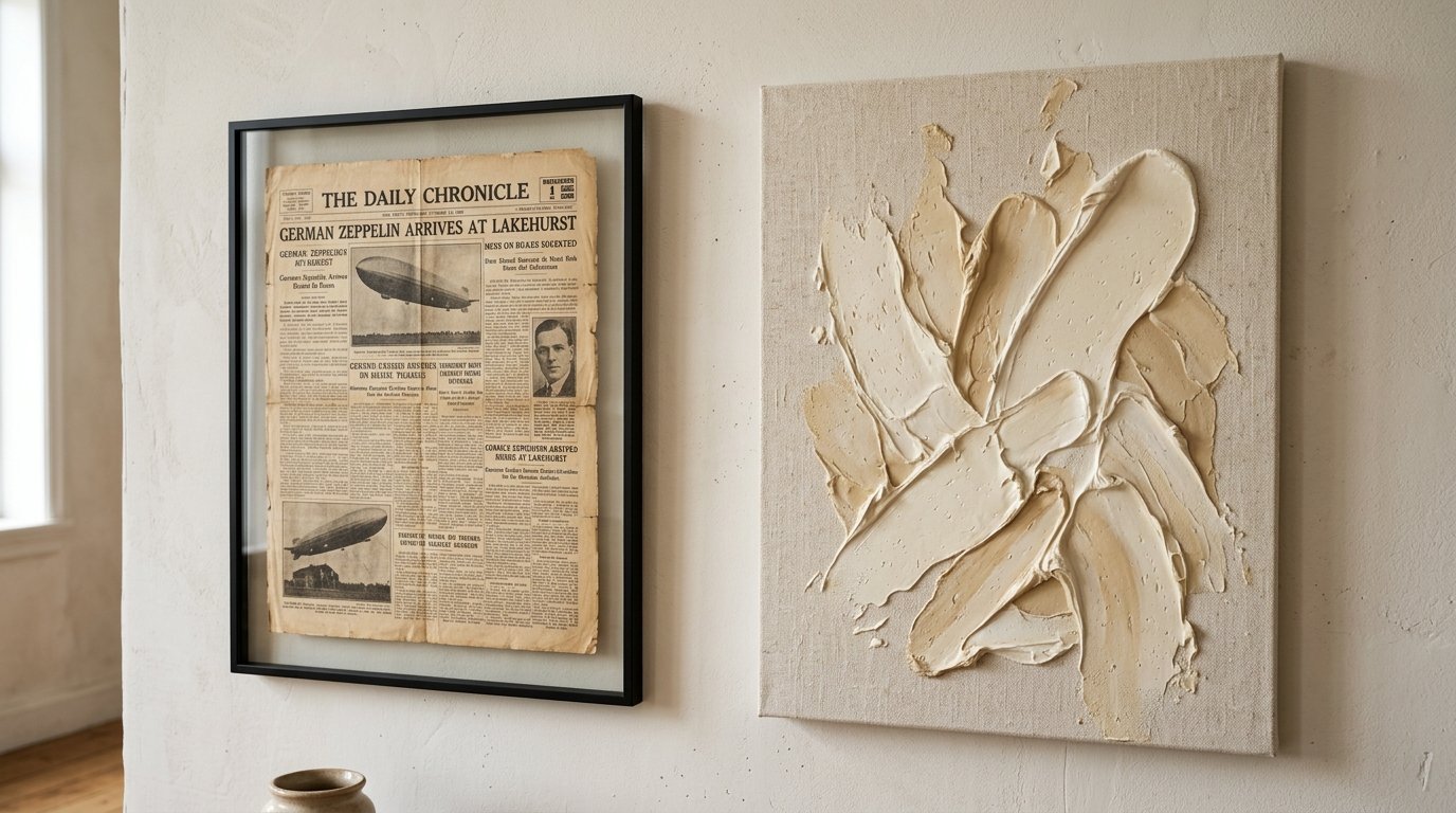 An antique newspaper page in a black frame beside a canvas featuring heavy cream-colored impasto paint swirls.