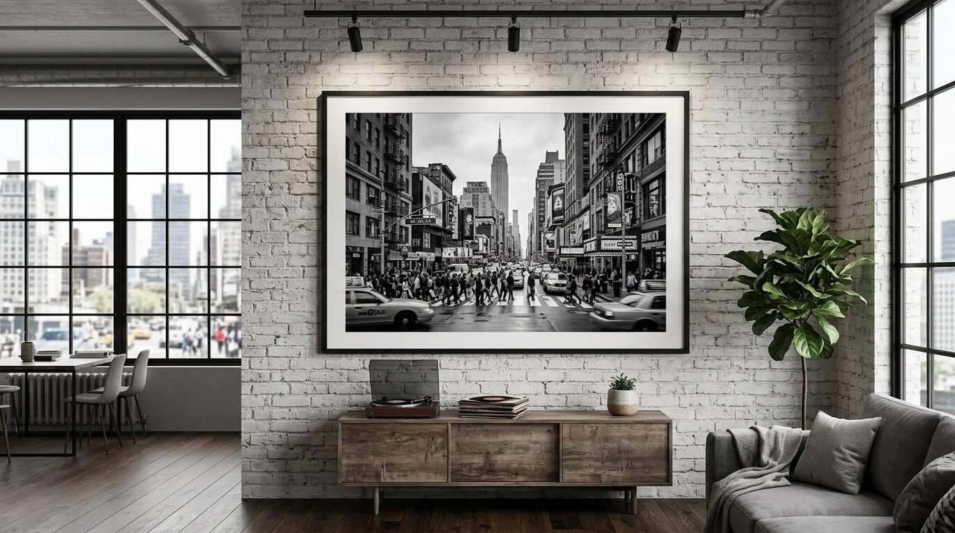 Large framed monochrome photo of a crowded New York street scene hanging on a white brick wall in a living room.