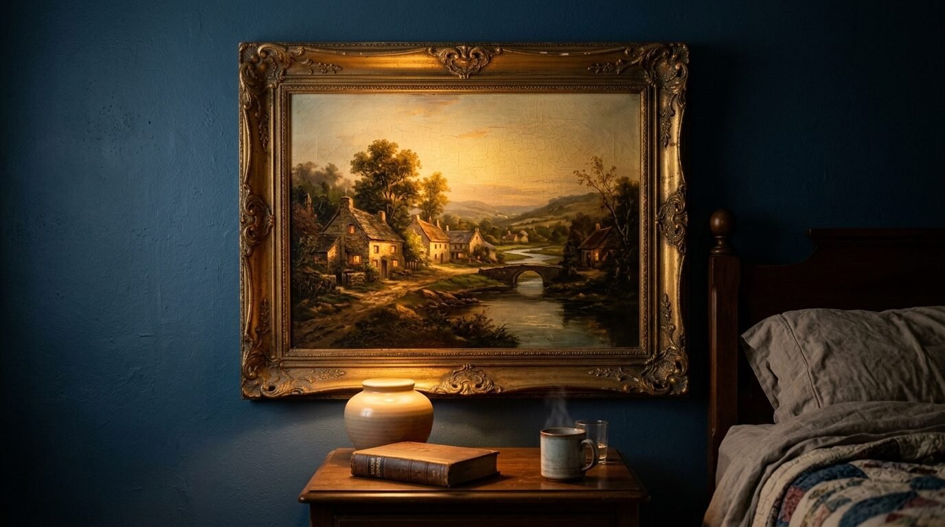 An ornate gold-framed landscape painting above a bedside table with a steaming mug and a book.