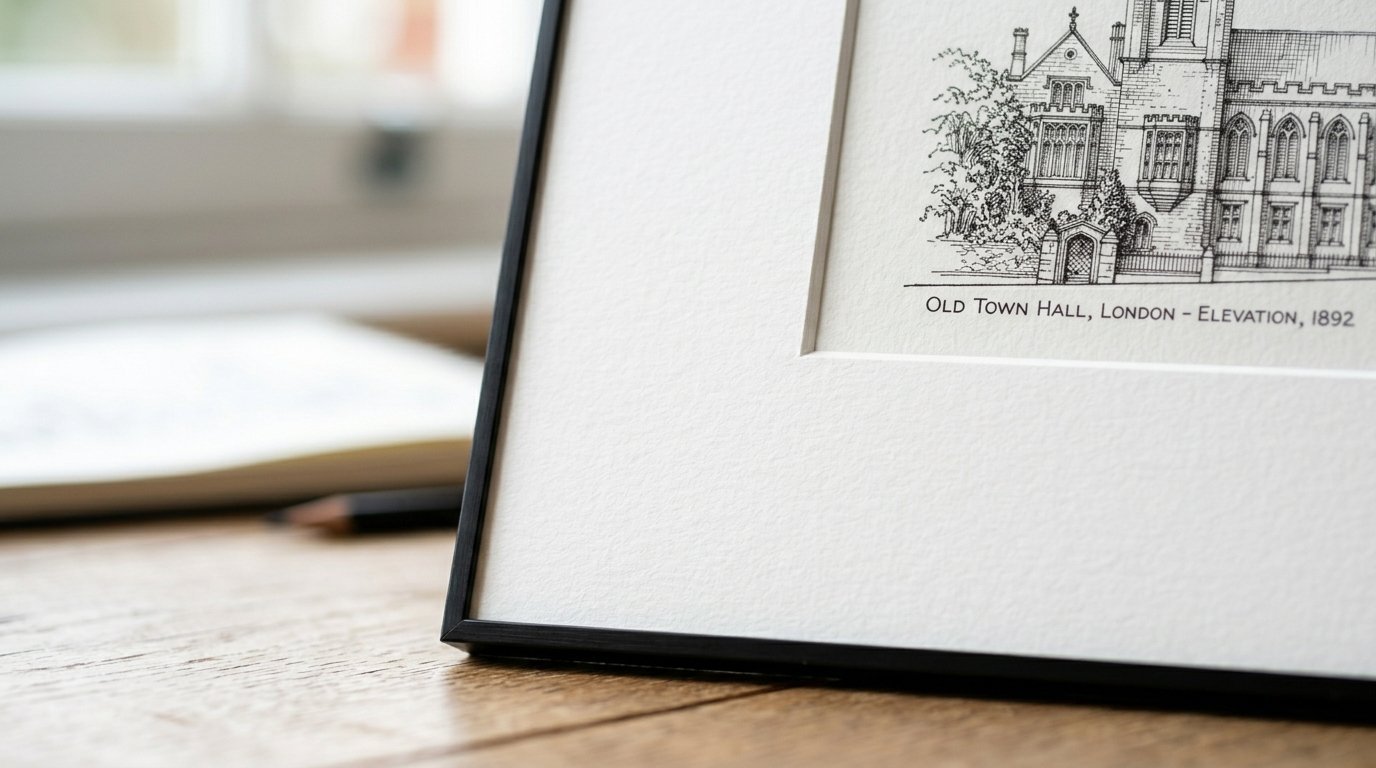 Close up of a framed architectural drawing of the London Old Town Hall resting on a wooden desk.