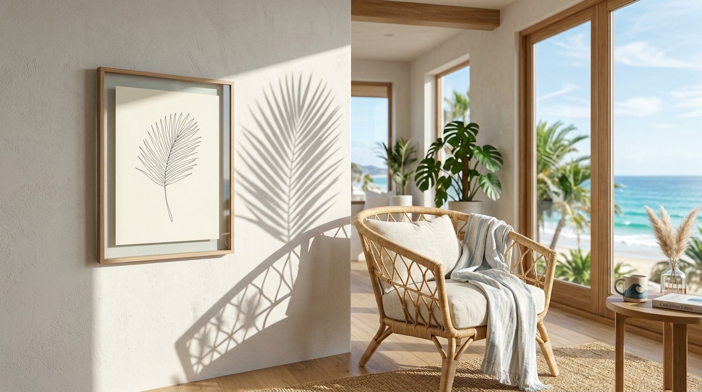A framed line drawing of a palm leaf on a white wall with a natural light shadow and a rattan chair nearby.