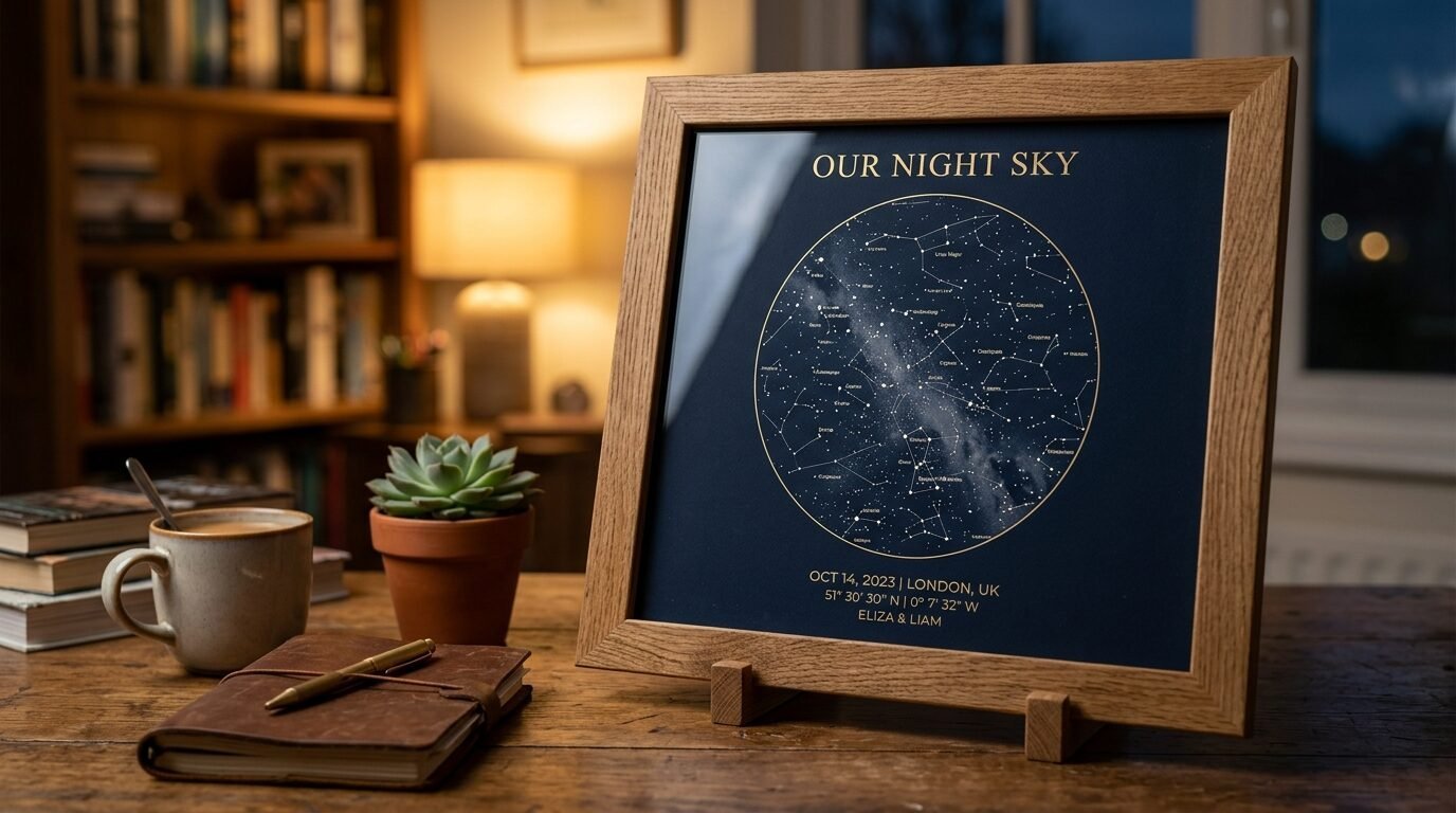A framed star chart showing constellations in London on a desk with a coffee mug and notebook.