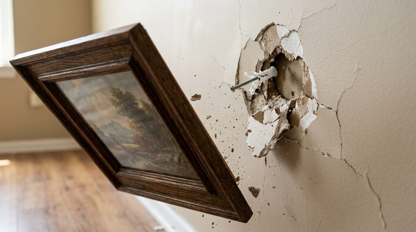A landscape art piece pulls a plastic wall anchor out of a hole in the plaster.