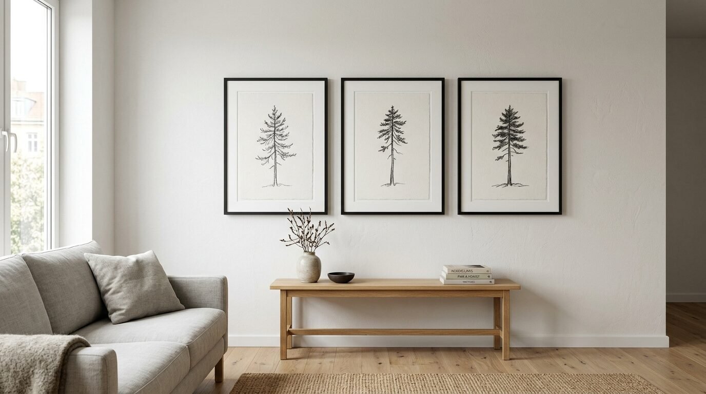 Three framed ink sketches of evergreen trees hanging on a white wall above a simple wooden bench.