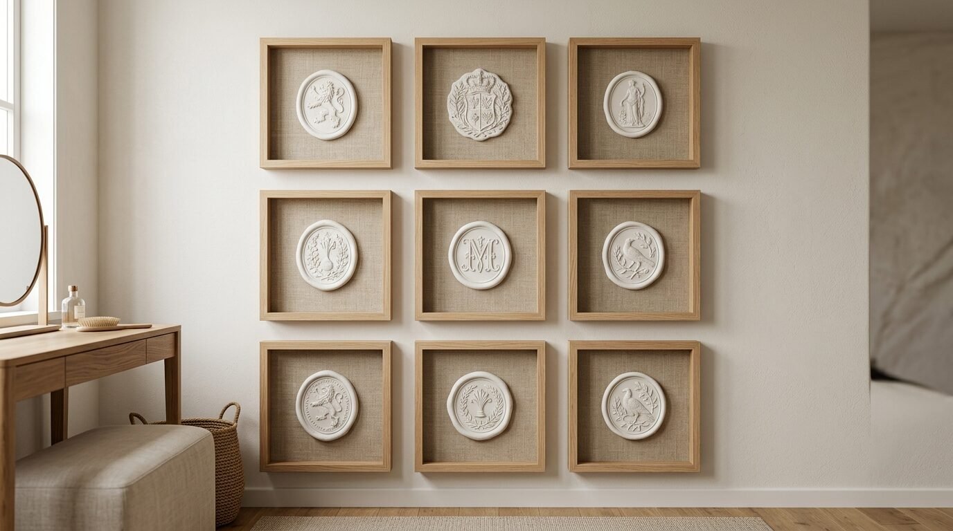 A gallery wall display featuring nine square wood frames containing white plaster medallions with various emblems.