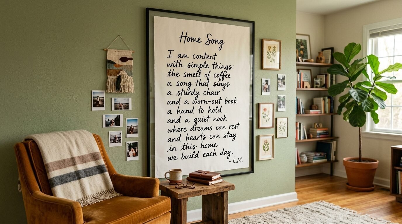 A large framed poem print hanging on an olive green wall above a vintage armchair with a cozy throw blanket.