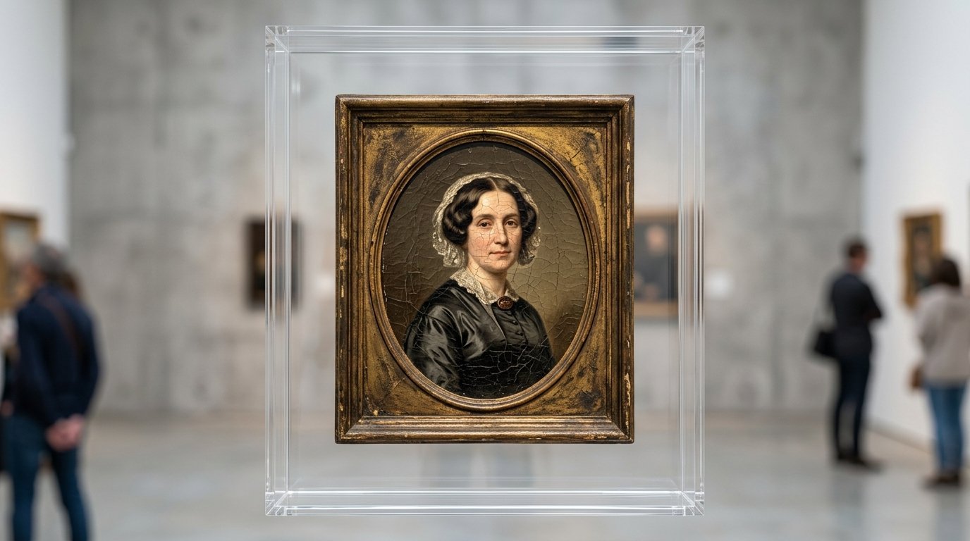 An oil painting of a woman in a white cap inside a clear acrylic display case within an art gallery.