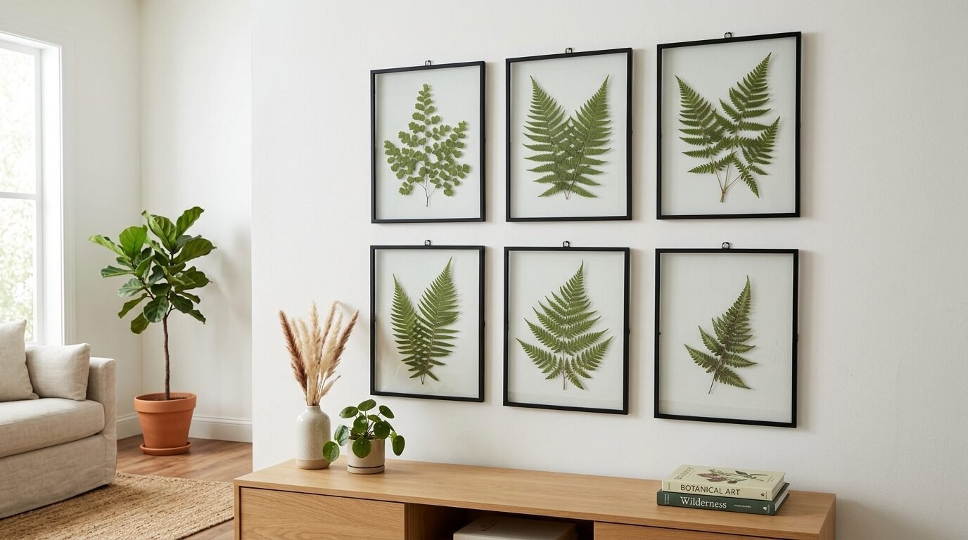Collection of six black-framed pressed ferns hanging in two rows above a light oak wood console table.