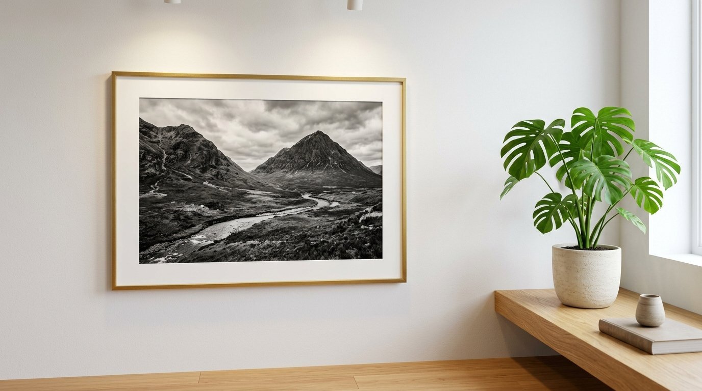 Monochrome mountain landscape photograph hanging on a white wall above a wooden shelf with a potted monstera plant.