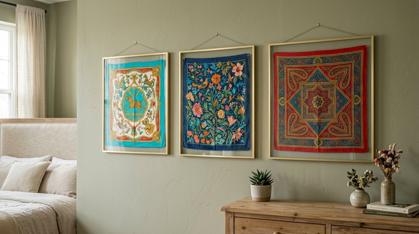Decorative framed fabric art featuring floral and equestrian patterns hanging on a sage green wall above a wood dresser.
