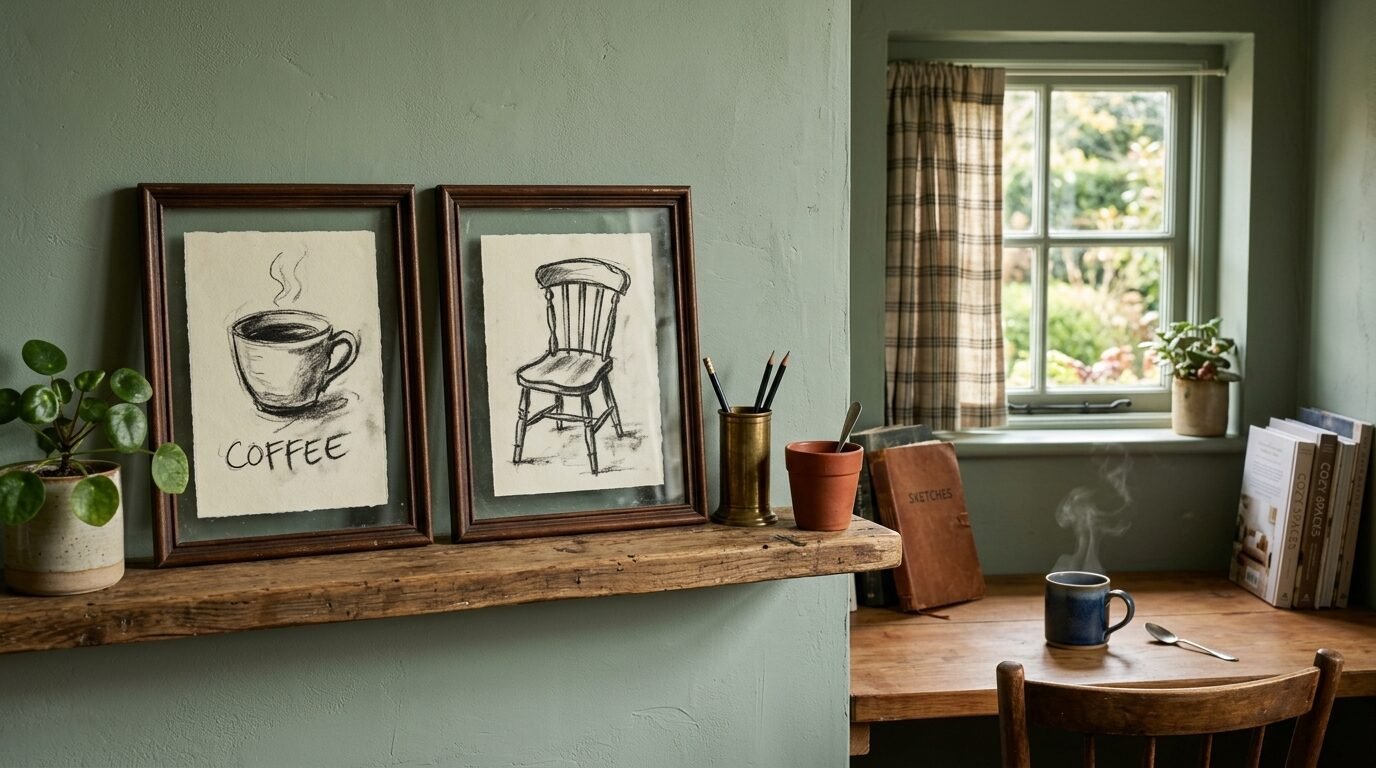 Wooden shelf featuring two framed sketches, a small plant, and pencils next to a cozy corner desk with steaming coffee.