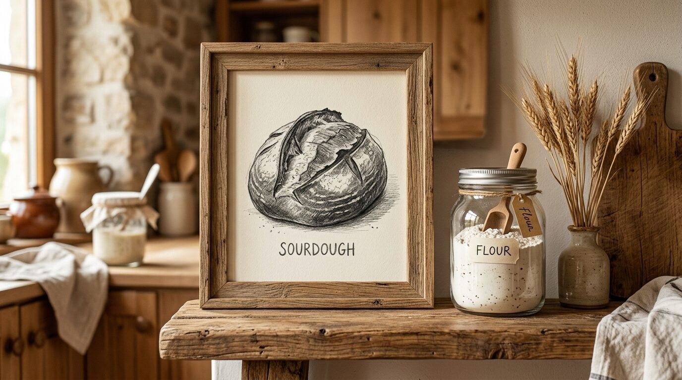 Pencil sketch of a sourdough loaf in a wooden frame beside a glass flour jar and dried wheat stalks.