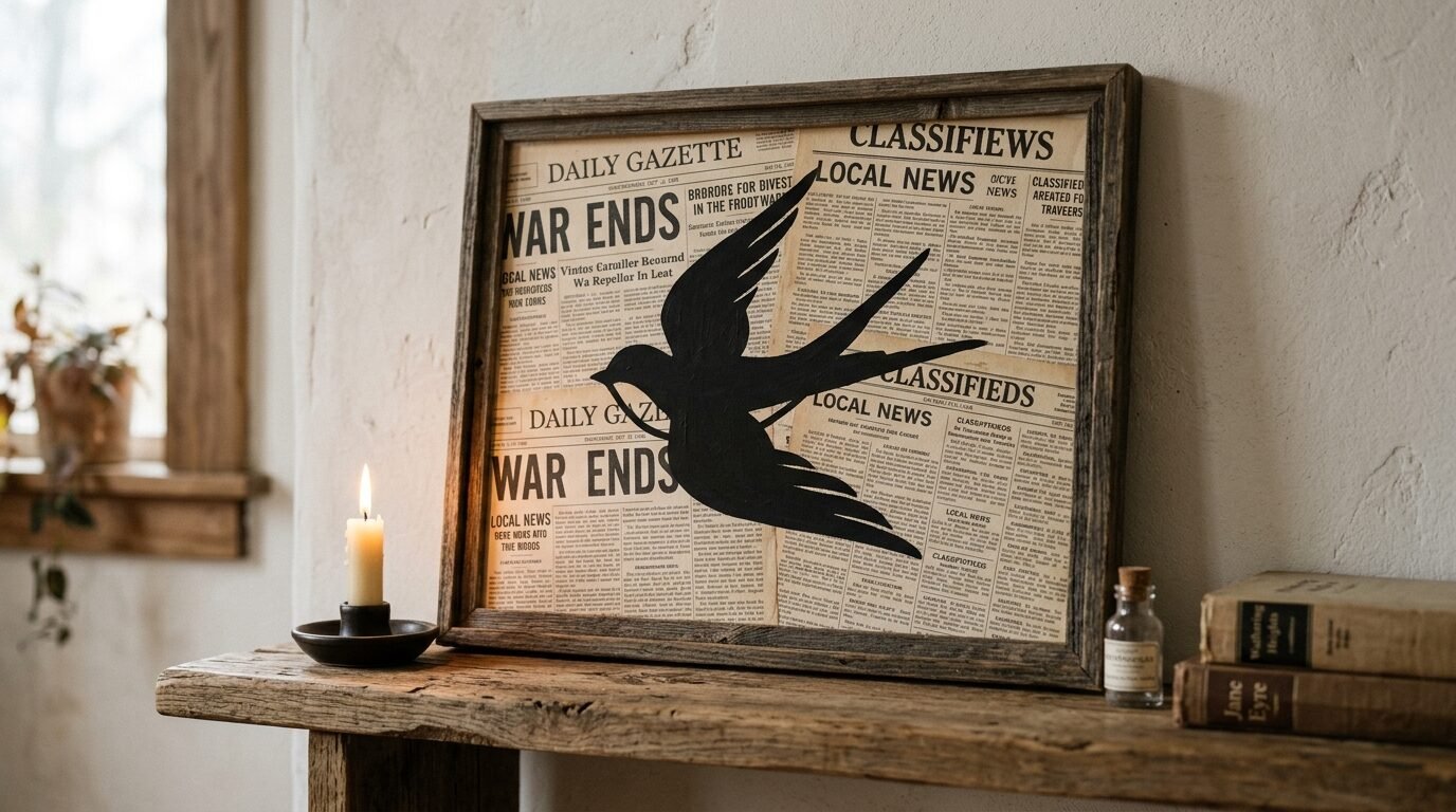 A framed piece of wall art featuring a black bird silhouette on a background of vintage newspaper clippings.