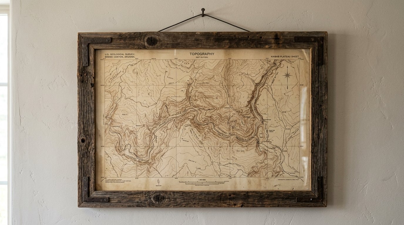An old geological survey map of Bright Angel Canyon hanging on a textured white wall in a dark reclaimed wood frame.