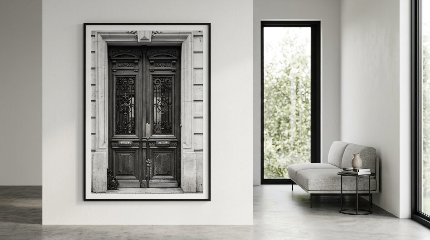 A framed photograph of an antique wooden door with iron scrollwork hanging on a modern white wall above a sofa.