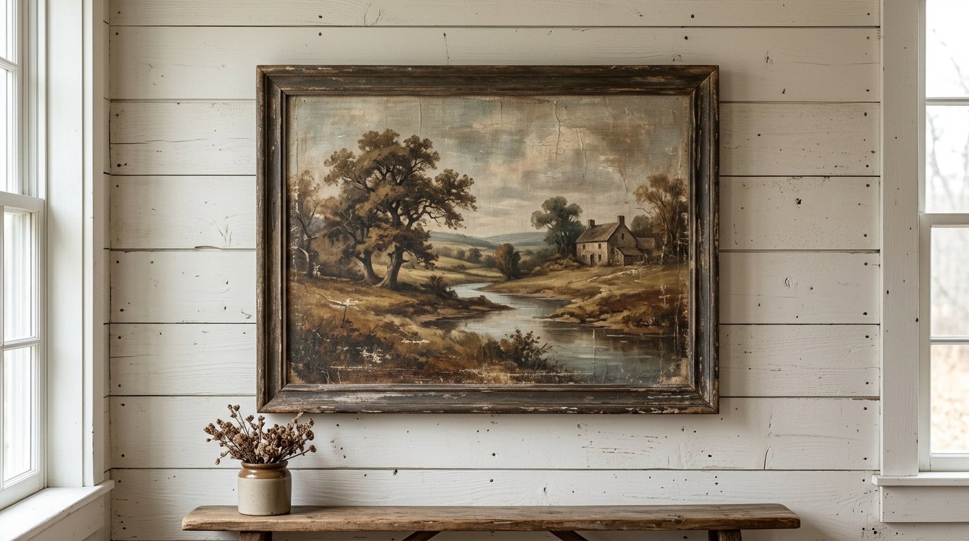 Vintage oil painting of a river landscape hanging on a white wooden plank wall above a wooden table.