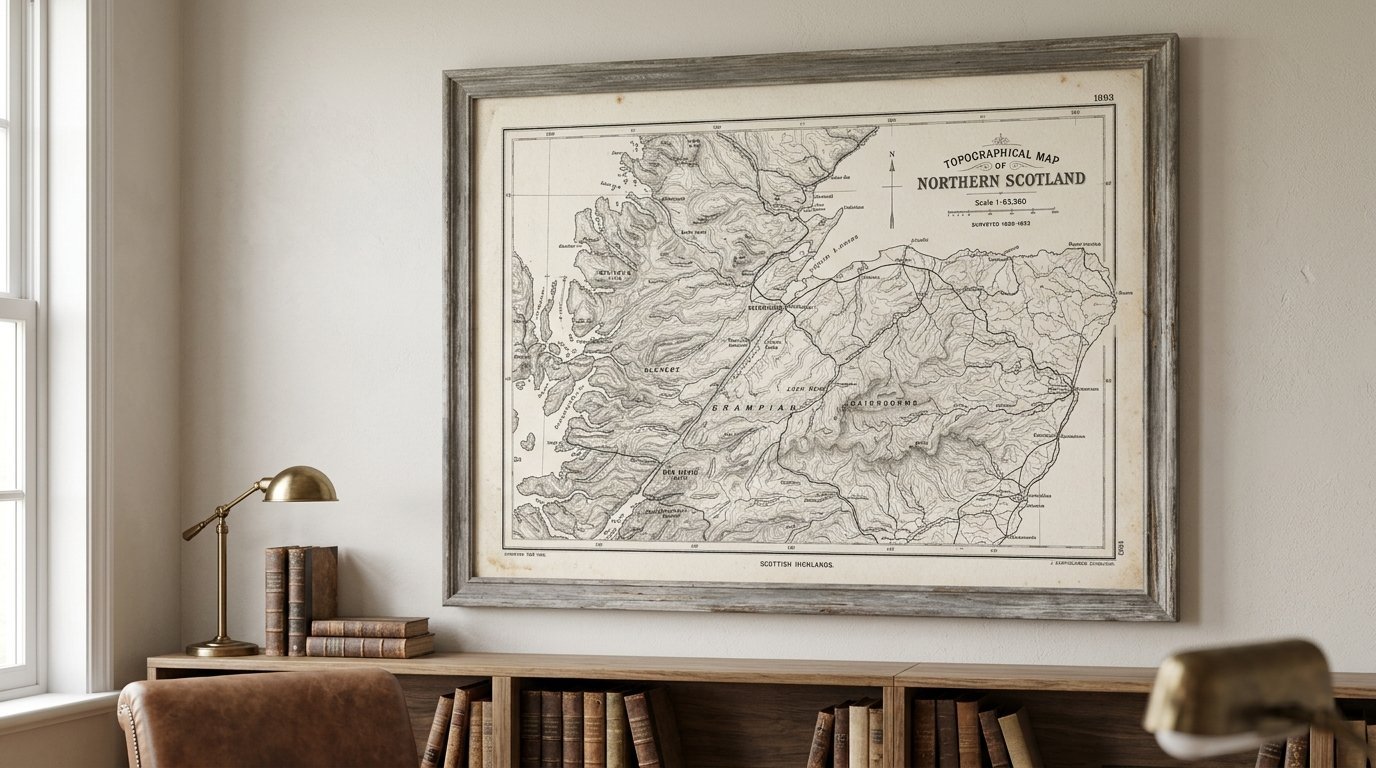 An antique 1893 map of the Scottish Highlands framed on a neutral wall above a wooden library shelf.