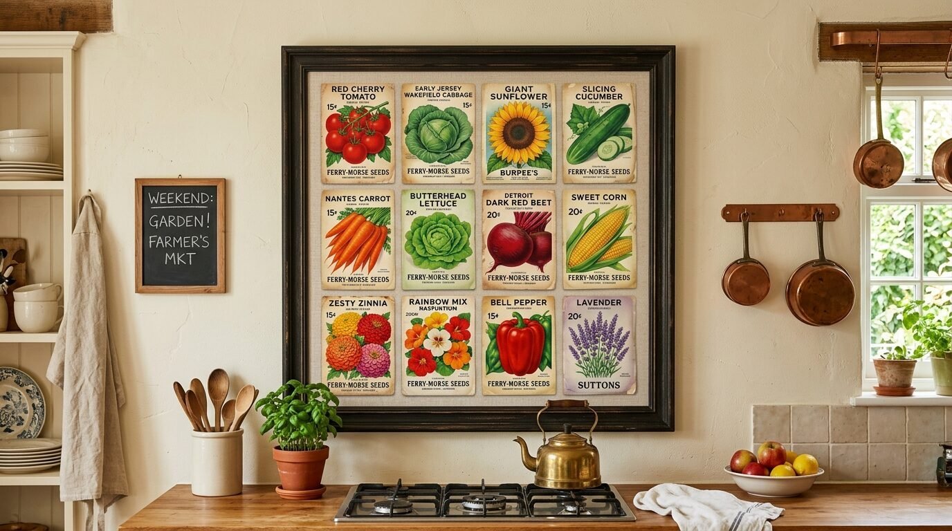 Decorative wall art consisting of twelve vintage-style seed packet illustrations arranged in a grid inside a dark frame.