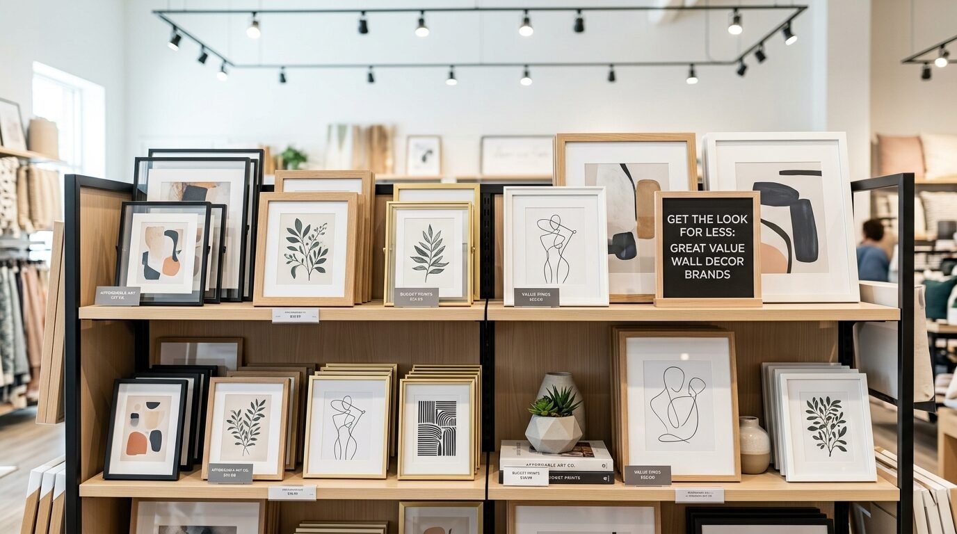 Wooden store shelves filled with various framed line art prints and botanical illustrations.