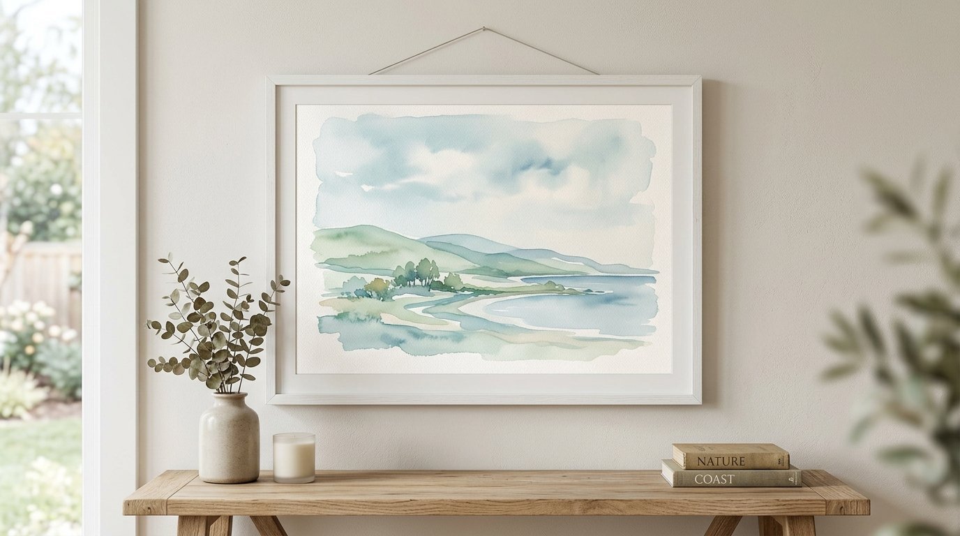 A framed watercolor painting of rolling green hills and a blue bay hanging above a wooden console table.