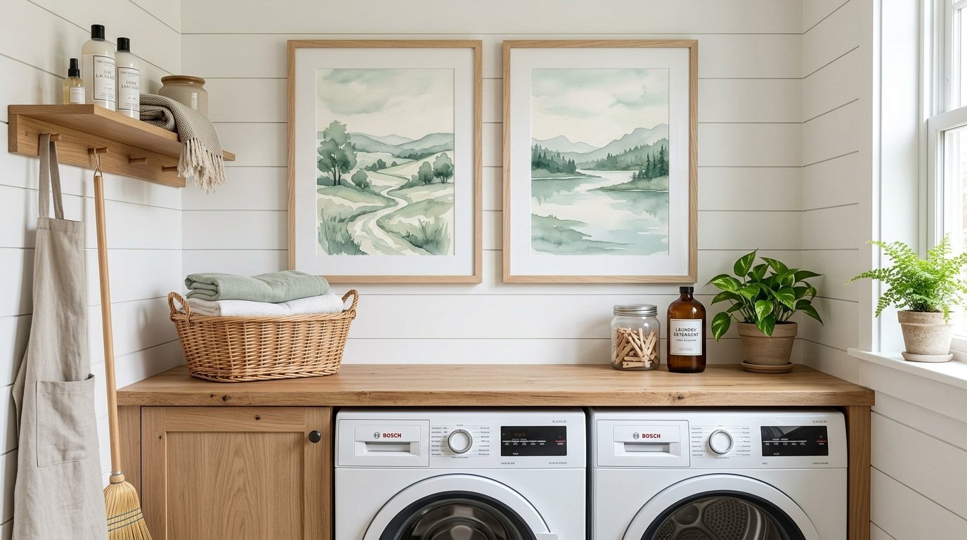 Twin framed nature paintings displayed over two white washing machines on a wooden countertop.
