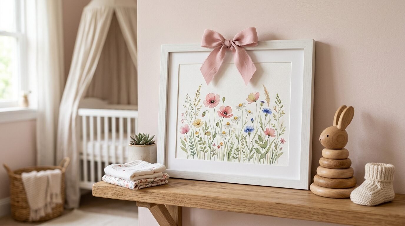 A white framed wildflower painting topped with a pink ribbon sitting on a wooden shelf in a nursery.