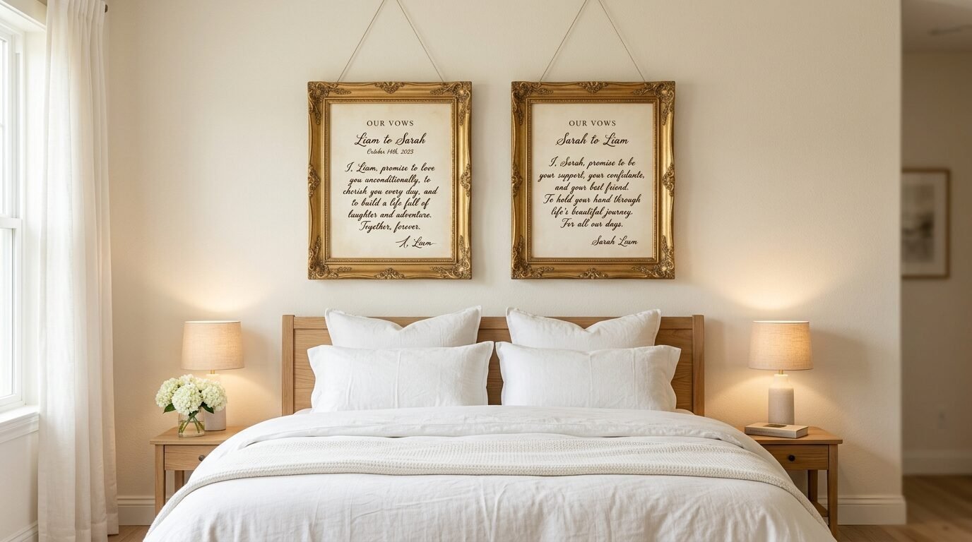 Two ornate gold frames with printed wedding vows displayed over a wooden bed frame in a neutral bedroom.
