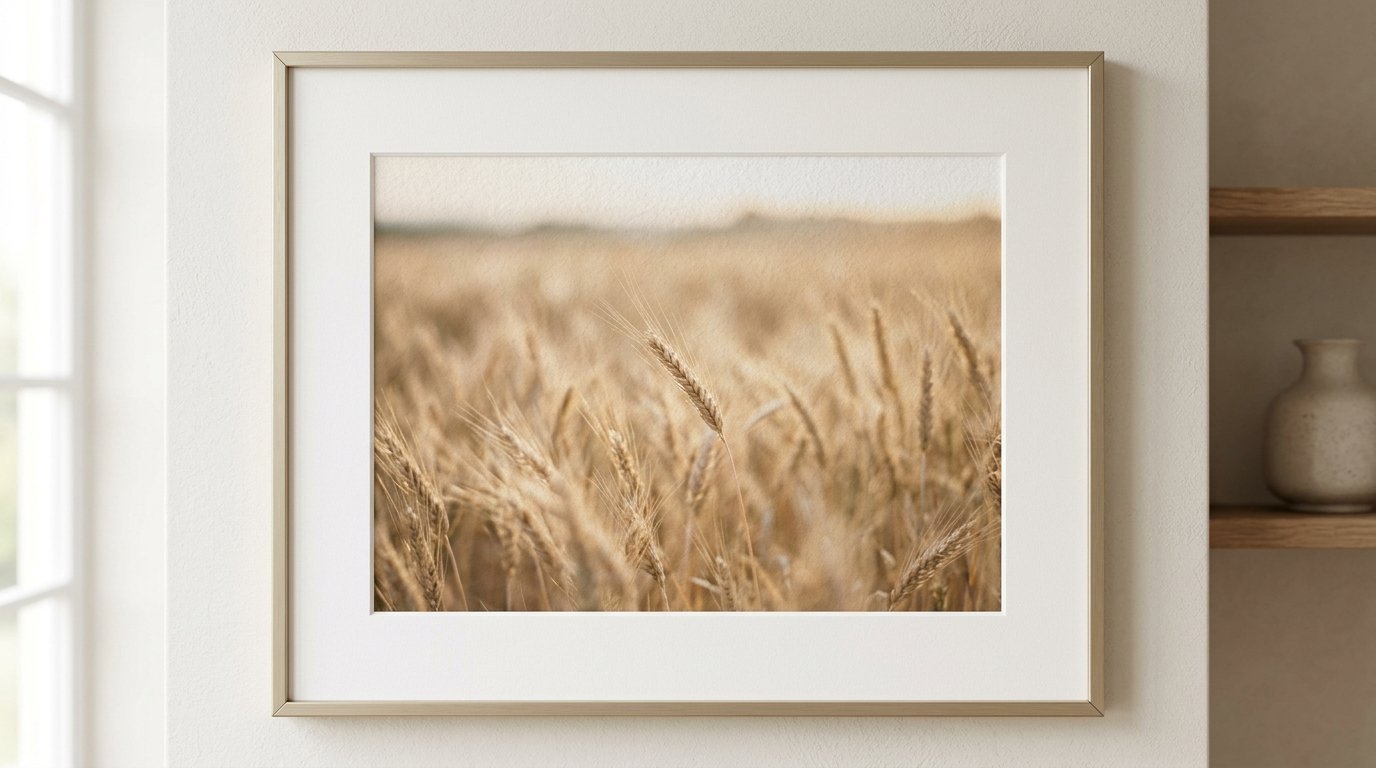 A gold-framed wall art print featuring a close-up, soft-focus view of a sunlit grain field.