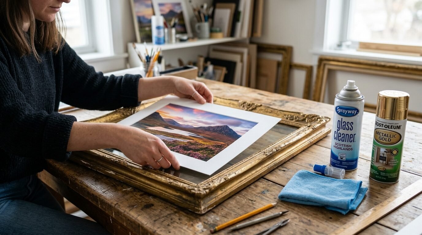 Hands adjusting a matted landscape photograph inside an ornate gold picture frame on a wooden studio table.