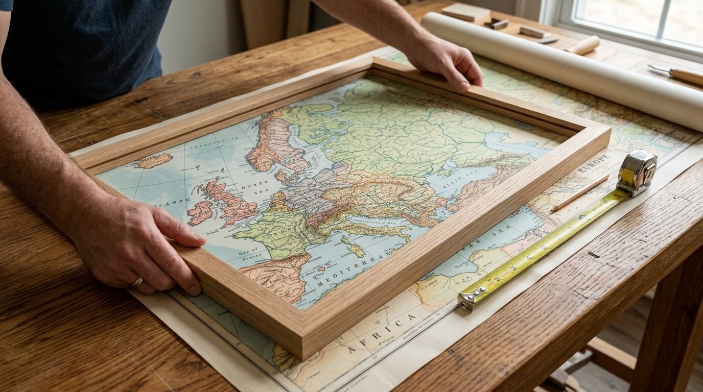 Man's hands placing a light wood frame onto a colorful, detailed antique map of Europe on a workbench.