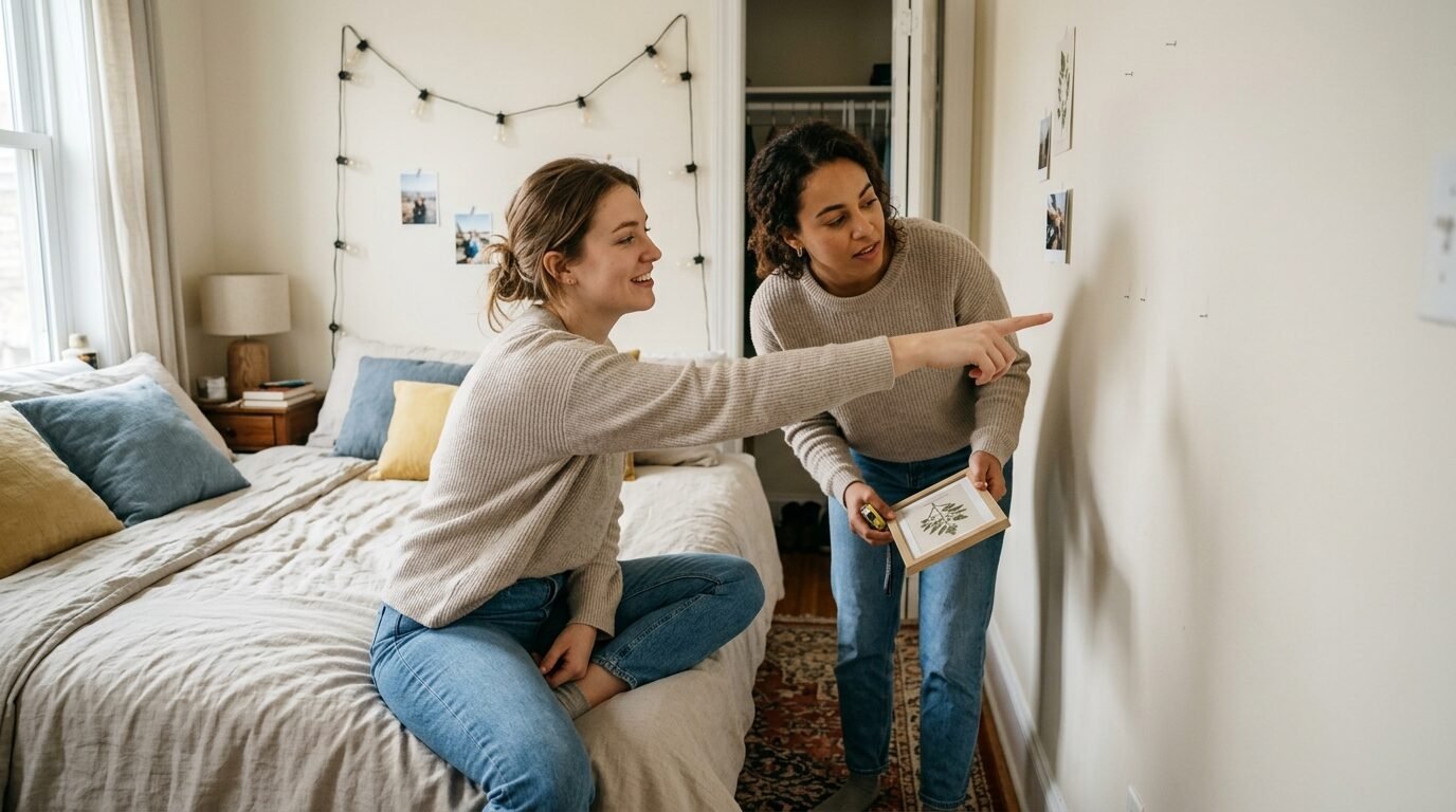 One woman sits on a bed while her friend holds a small framed print and points at a wall to plan art placement.