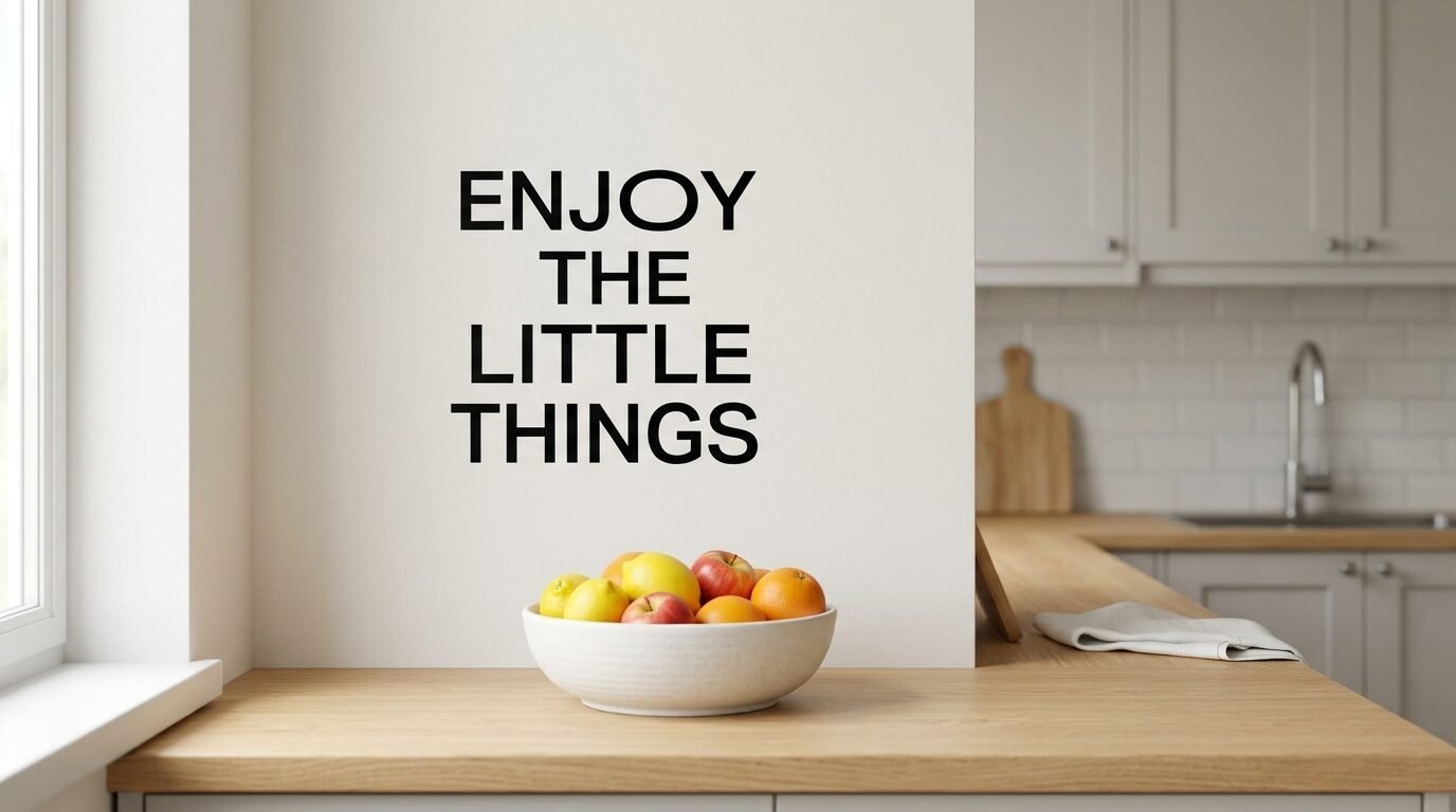 Ceramic bowl filled with mixed apples and lemons against a wall with inspirational black typography.