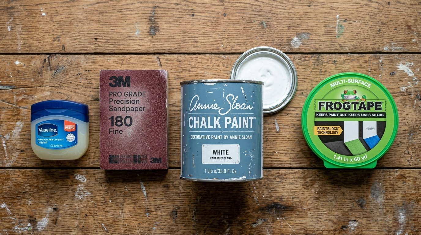 Vaseline, 3M sandpaper, Annie Sloan white chalk paint, and FrogTape sitting on a weathered wooden table.