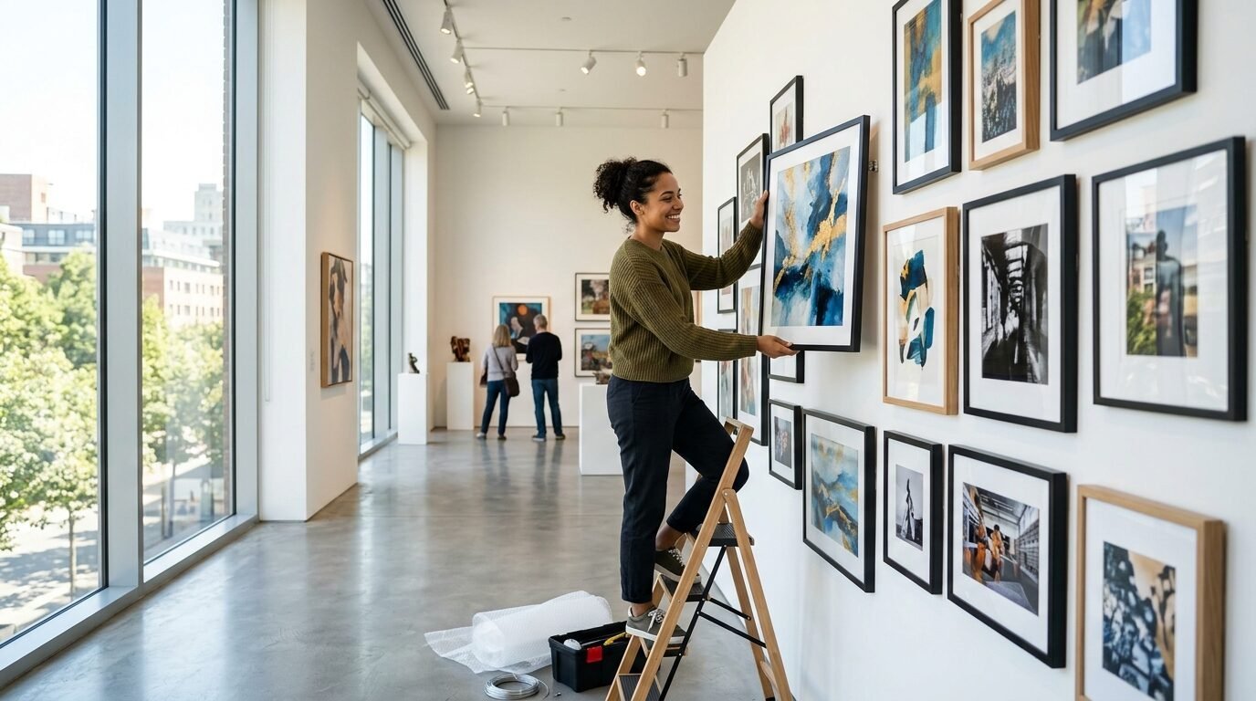 A woman on a stepladder arranging framed pictures in a modern art gallery exhibit.