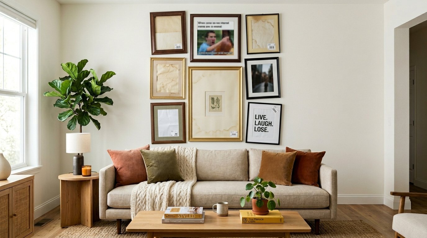 A beige sofa sits beneath a wall decorated with diverse picture frames and a plant on a wooden coffee table.