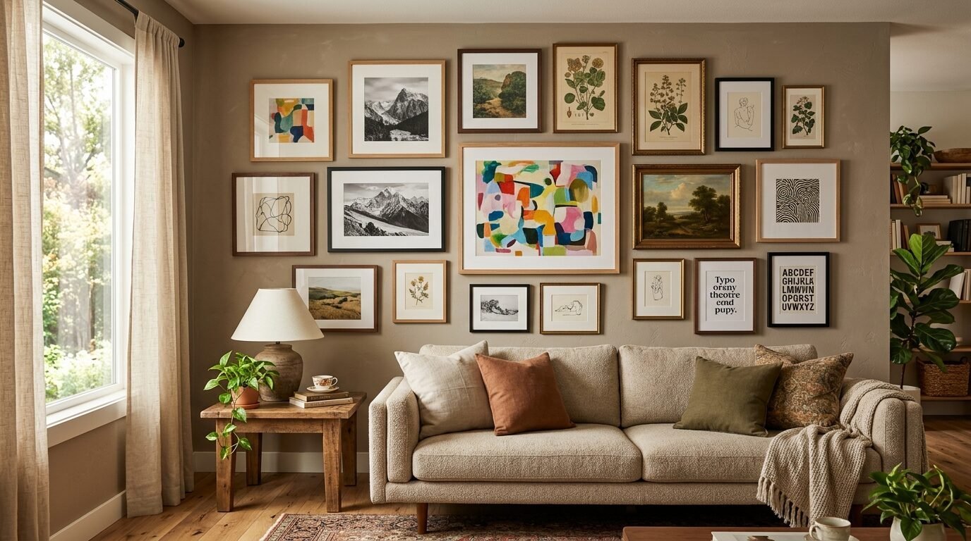 Beige couch sits beneath an eclectic gallery wall of framed botanical, abstract, and landscape artwork.