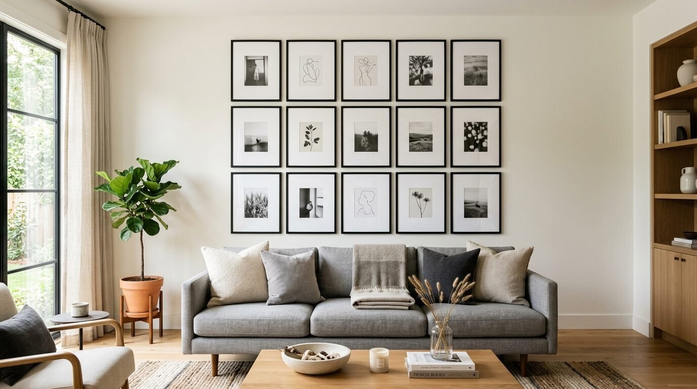 A grey sofa sits below a grid of fifteen framed monochromatic art pieces on a neutral living room wall.