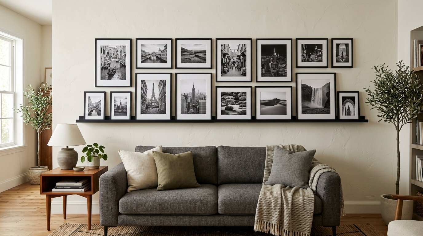 Black and white framed photographs arranged on a ledge above a grey couch in a bright room.