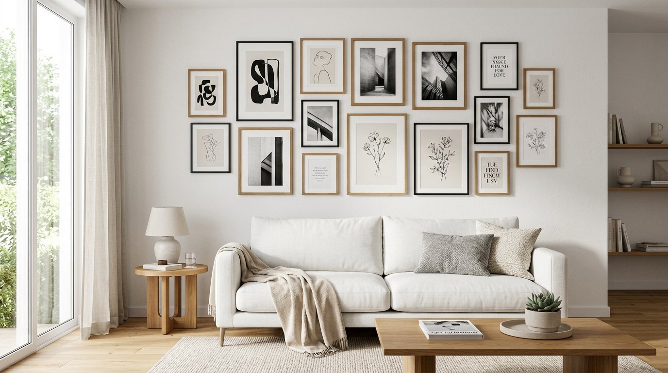 A white couch sits beneath a collection of framed art prints on a clean living room wall.