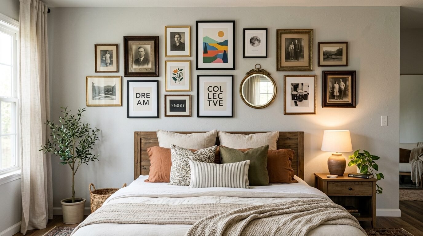 A bedroom wall featuring a collection of framed art prints, vintage photographs, and a round mirror over a bed.