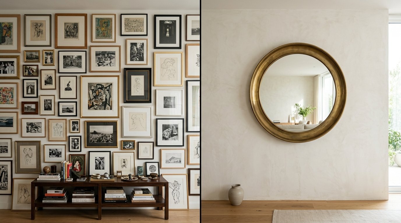 A split view showing a dense gallery wall with framed prints above a console table and a large circular mirror on plaster.