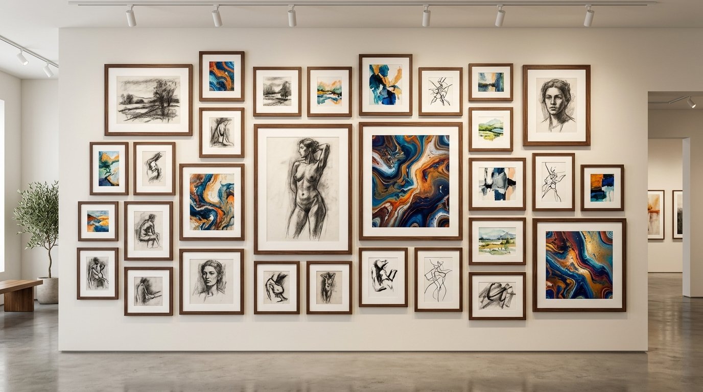 Large wall in a modern gallery space covered with various framed drawings, paintings, and fluid art prints.